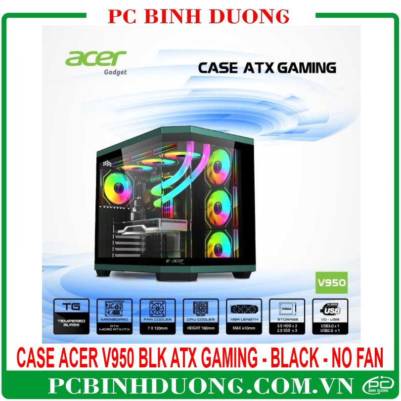 Case ACER V950 BLK ATX GAMING - BLACK (ATX/M-ATX/ITX) - No Fan