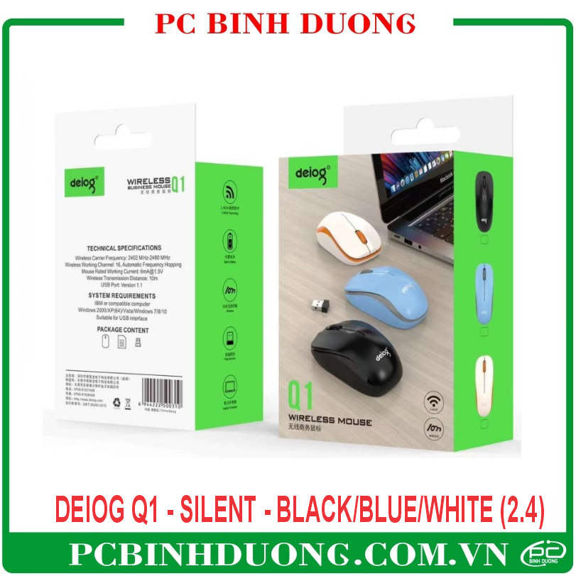 Chuột Không Dây DEIOG Q1 (2.4G)  - Silent - Màu Xanh/Trắng/Đen